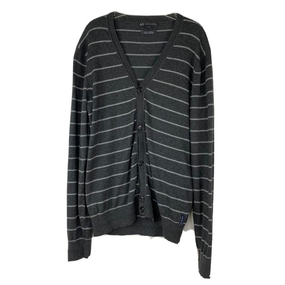 Armani Exchange Cardigan Mens S Grey Striped Cotton Cashmere V-Neck Sweater